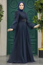 Tesettürlü Abiye Elbise - Boncuk Detaylı Lacivert Tesettür Abiye Elbise 2249L - Thumbnail