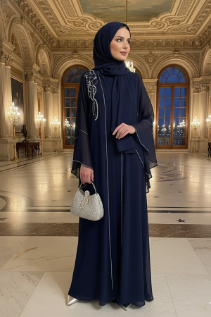 Tesettürlü Abiye Elbise - Boncuk Detaylı Lacivert Tesettür Abiye Elbise 25905L 