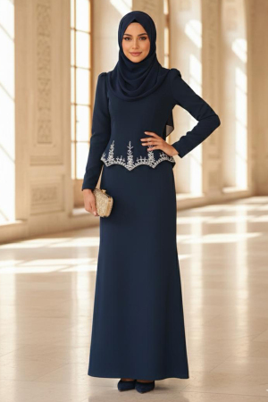 Tesettürlü Abiye Elbise - Boncuk Detaylı Lacivert Tesettür Abiye Elbise 54191L - N.S NEVA STYLE