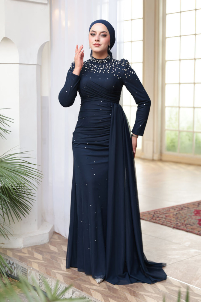 Tesettürlü Abiye Elbise - Boncuk Detaylı Lacivert Tesettür Abiye Elbise 54301L - 2