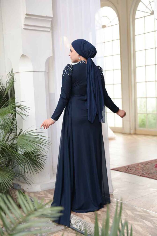 Tesettürlü Abiye Elbise - Boncuk Detaylı Lacivert Tesettür Abiye Elbise 54301L - 3
