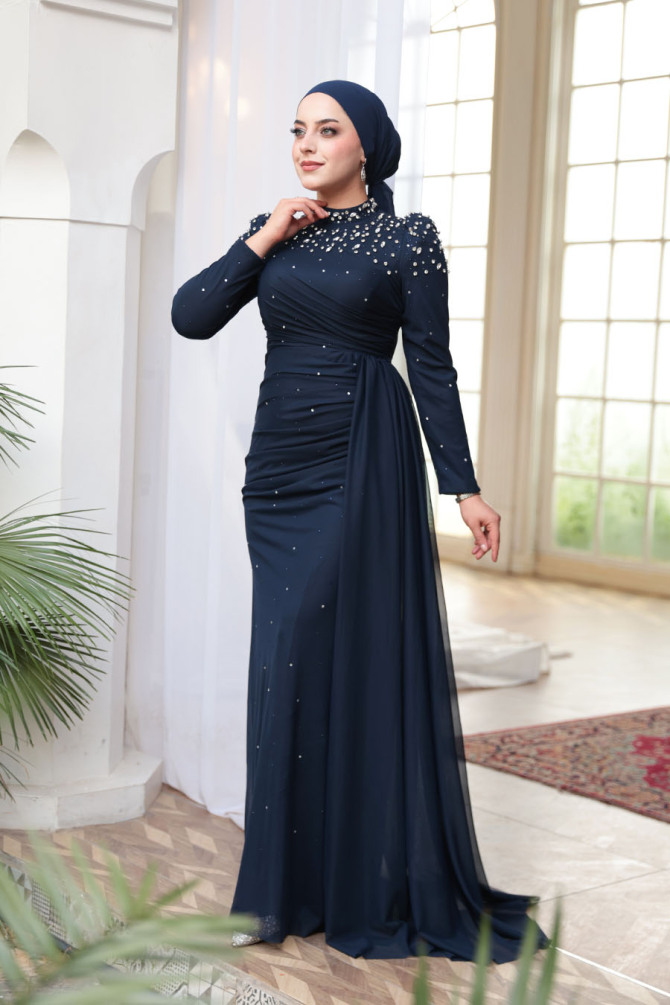 Tesettürlü Abiye Elbise - Boncuk Detaylı Lacivert Tesettür Abiye Elbise 54301L - N.S NEVA STYLE