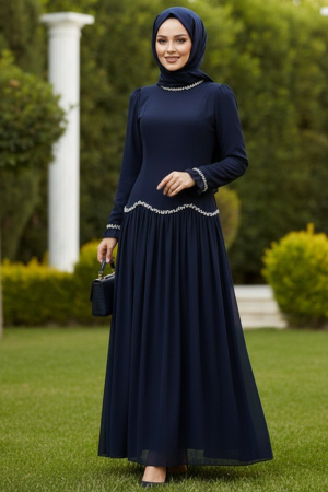 Tesettürlü Abiye Elbise - Boncuk Detaylı Lacivert Tesettür Abiye Elbise 55212L 