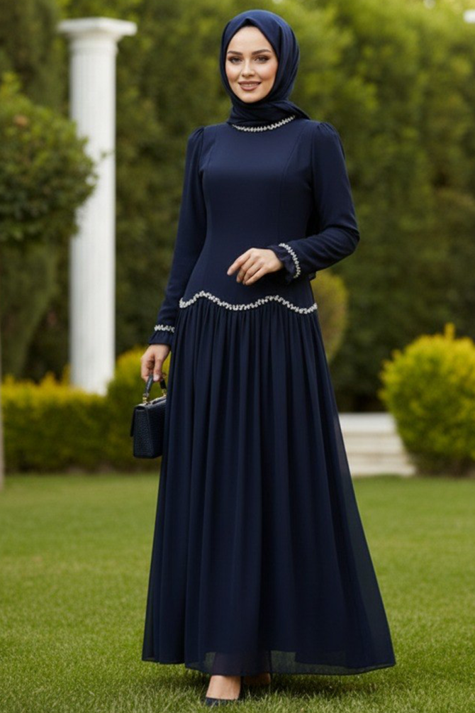 Tesettürlü Abiye Elbise - Boncuk Detaylı Lacivert Tesettür Abiye Elbise 55212L - 1