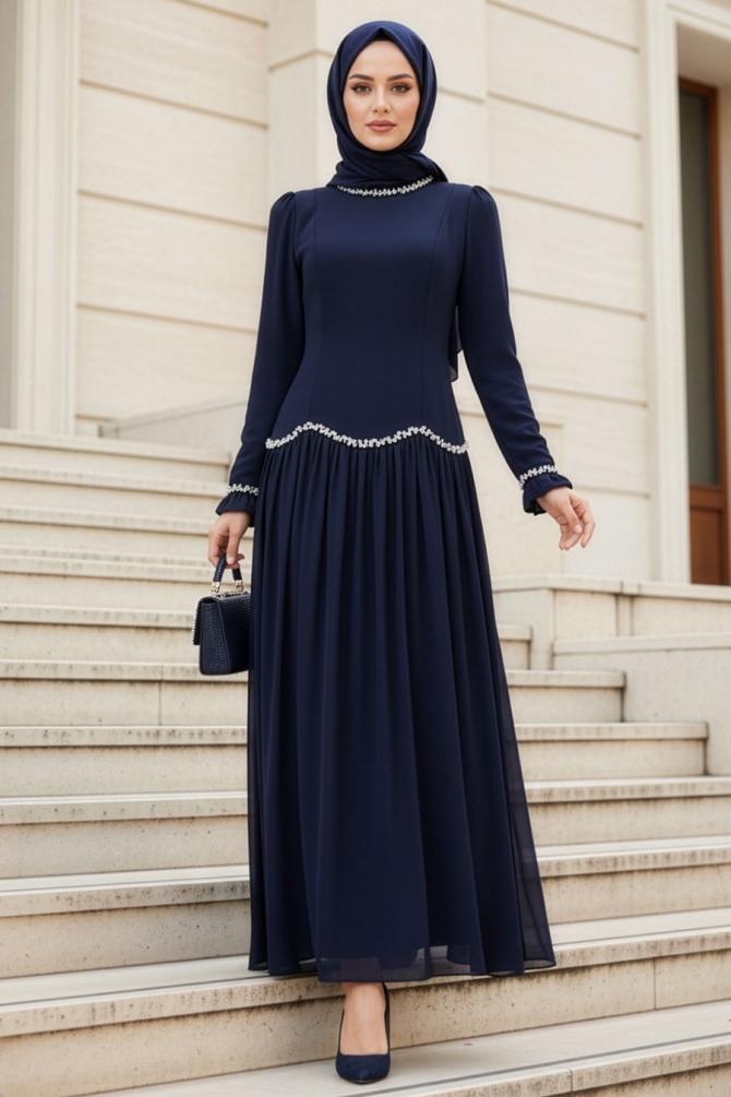 Tesettürlü Abiye Elbise - Boncuk Detaylı Lacivert Tesettür Abiye Elbise 55212L - N.S NEVA STYLE