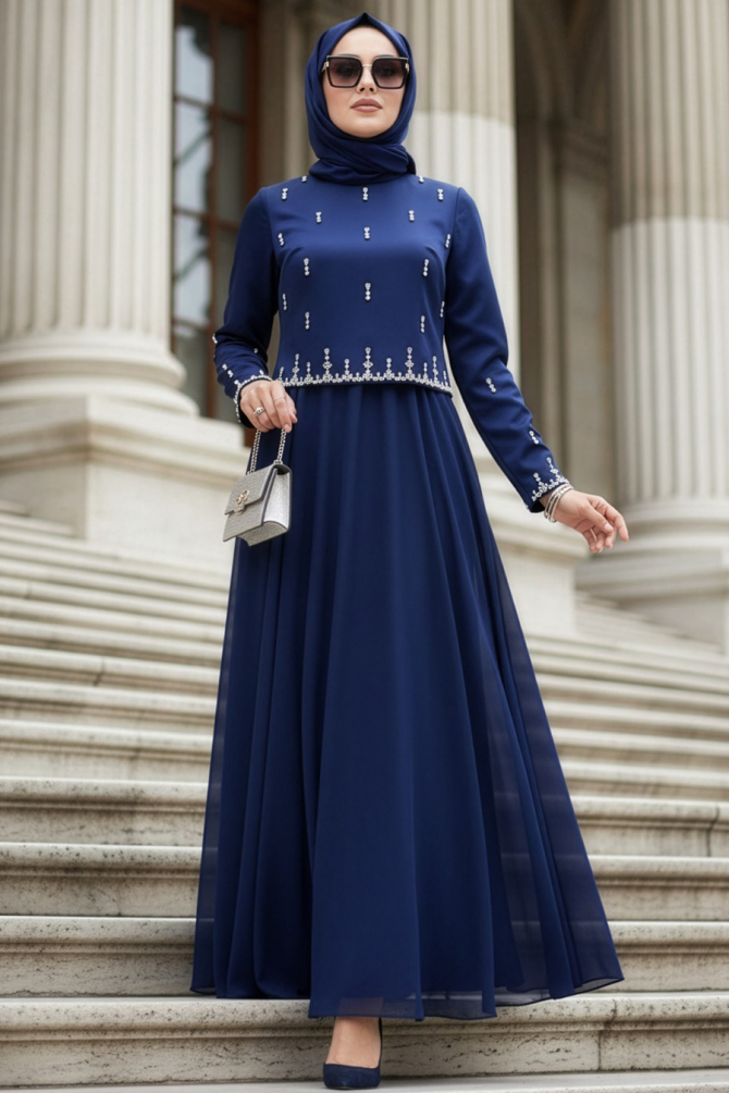 Tesettürlü Abiye Elbise - Boncuk Detaylı Lacivert Tesettür Abiye Elbise 55721L - 1