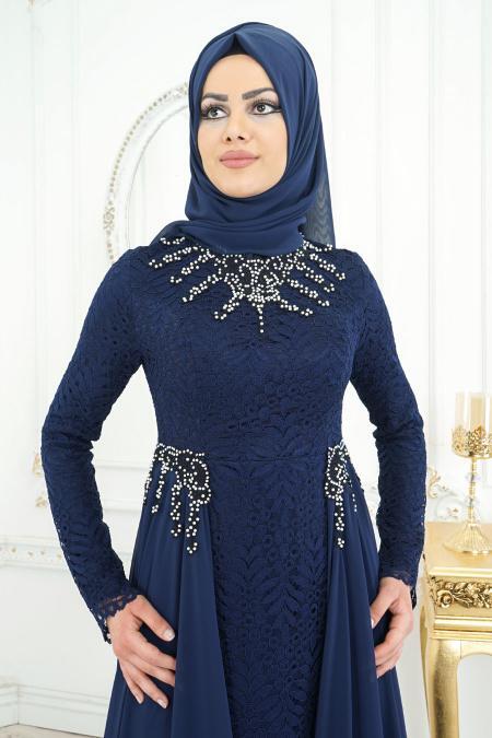 Tesettürlü Abiye Elbise - Boncuk Detaylı Lacivert Tesettür Abiye Elbise 8057L - 3