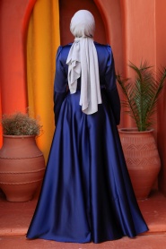 Tesettürlü Abiye Elbise - Boncuk Detaylı Lacivert Tesettür Saten Abiye Elbise 25880L - Thumbnail