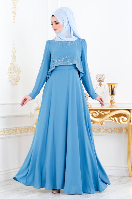 Tesettürlü Abiye Elbise - Boncuk Detaylı Mavi Tesettür Abiye Elbise 36840M