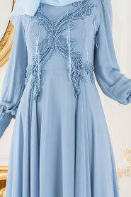 Tesettürlü Abiye Elbise - Boncuk Detaylı Mavi Tesettür Abiye Elbise 36901M - Thumbnail
