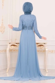 Tesettürlü Abiye Elbise - Boncuk Detaylı Mavi Tesettür Abiye Elbise 3873M - Thumbnail