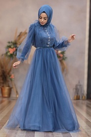 Tesettürlü Abiye Elbise - Boncuk Detaylı Mavi Tesettür Abiye Elbise 40941M - Thumbnail