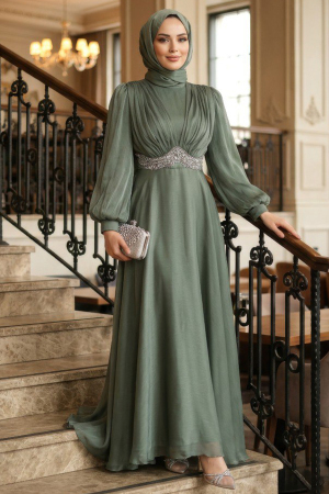 Tesettürlü Abiye Elbise - Boncuk Detaylı Mint Tesettür Abiye Elbise 4876MINT - 1