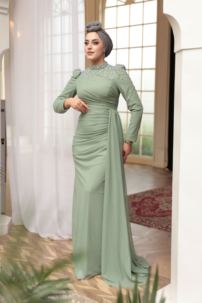 Tesettürlü Abiye Elbise - Boncuk Detaylı Mint Tesettür Abiye Elbise 54301MINT - 2