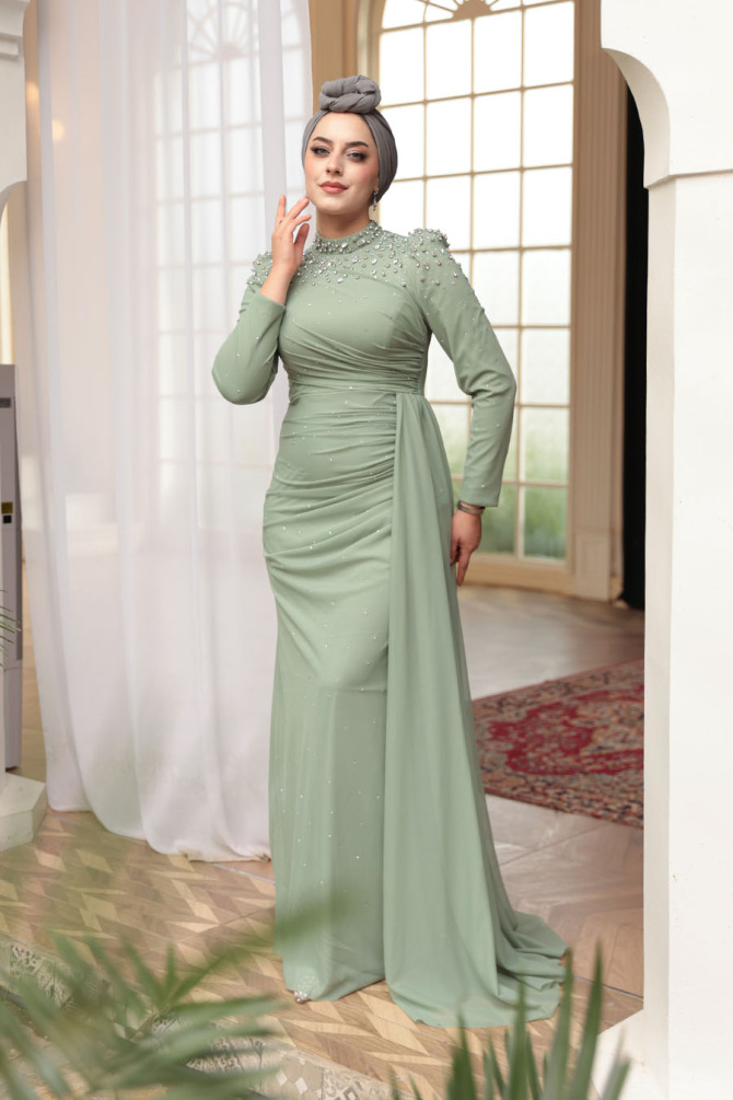 Tesettürlü Abiye Elbise - Boncuk Detaylı Mint Tesettür Abiye Elbise 54301MINT - 3