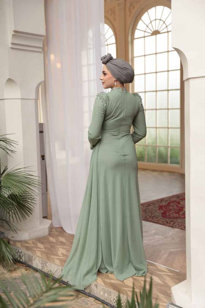 Tesettürlü Abiye Elbise - Boncuk Detaylı Mint Tesettür Abiye Elbise 54301MINT - 4
