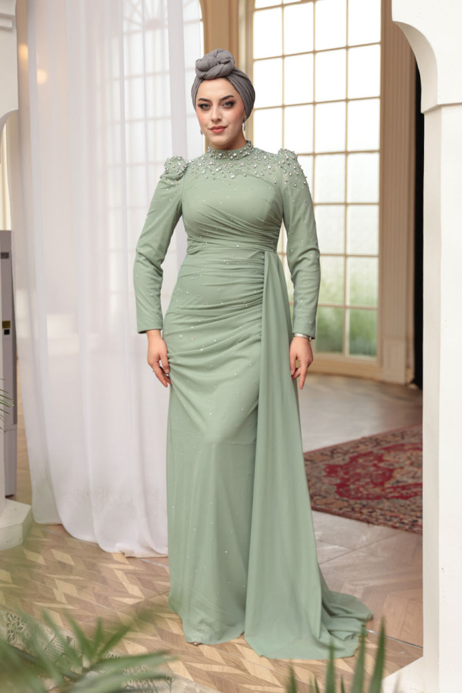 Tesettürlü Abiye Elbise - Boncuk Detaylı Mint Tesettür Abiye Elbise 54301MINT - N.S NEVA STYLE