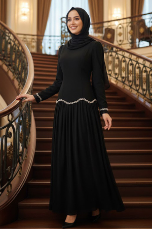 Tesettürlü Abiye Elbise - Boncuk Detaylı Siyah Tesettür Abiye Elbise 55212S - N.S NEVA STYLE