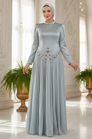Tesettürlü Abiye Elbise - Boncuk Detaylı Mint Tesettür Abiye Elbise 55141MINT - N.S NEVA STYLE
