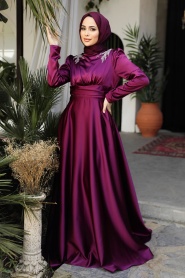 Tesettürlü Abiye Elbise - Boncuk Detaylı Mürdüm Tesettür Saten Abiye Elbise 25880MU - Thumbnail