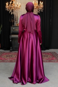 Tesettürlü Abiye Elbise - Boncuk Detaylı Mürdüm Tesettür Saten Abiye Elbise 25880MU - Thumbnail