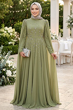 Tesettürlü Abiye Elbise - Boncuk Detaylı Pelerinli Açık Haki Tesettür Abiye Elbise 53141AHK 