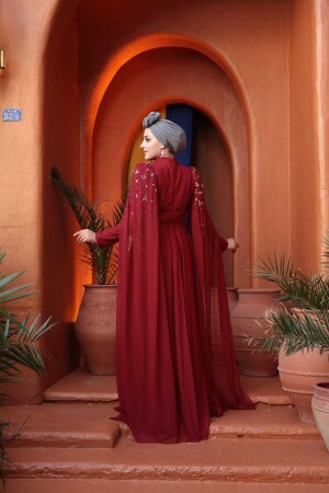 Tesettürlü Abiye Elbise - Boncuk Detaylı Pelerinli Bordo Tesettür Abiye Elbise 53141BR - 4