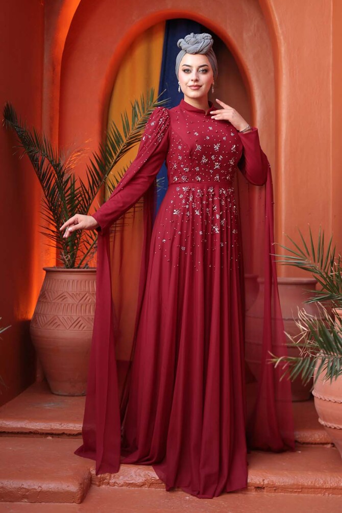 Tesettürlü Abiye Elbise - Boncuk Detaylı Pelerinli Bordo Tesettür Abiye Elbise 53141BR - N.S NEVA STYLE