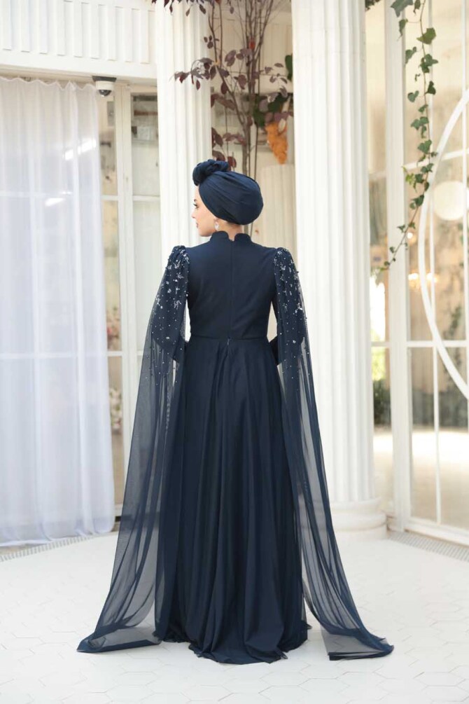 Tesettürlü Abiye Elbise - Boncuk Detaylı Pelerinli Lacivert Tesettür Abiye Elbise 53141L - 7