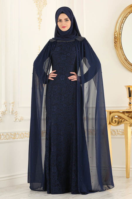 Tesettürlü Abiye Elbise - Boncuk Detaylı Pelerinli Lacivert Tesettürlü Abiye Elbise 3281L