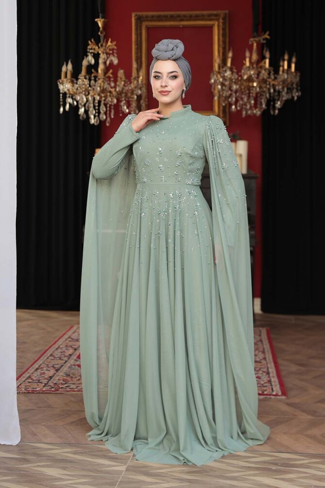 Tesettürlü Abiye Elbise - Boncuk Detaylı Pelerinli Mint Tesettür Abiye Elbise 53141MINT - 2