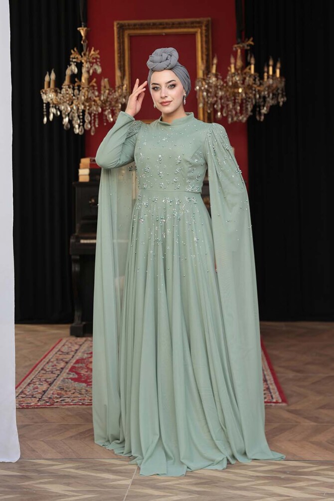 Tesettürlü Abiye Elbise - Boncuk Detaylı Pelerinli Mint Tesettür Abiye Elbise 53141MINT - 3
