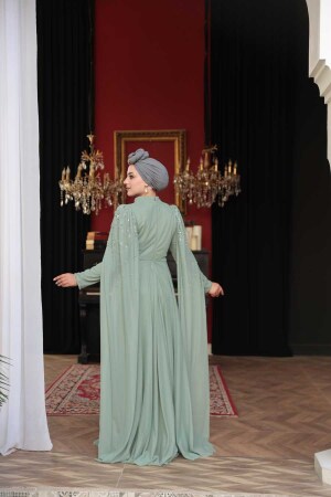 Tesettürlü Abiye Elbise - Boncuk Detaylı Pelerinli Mint Tesettür Abiye Elbise 53141MINT - 4