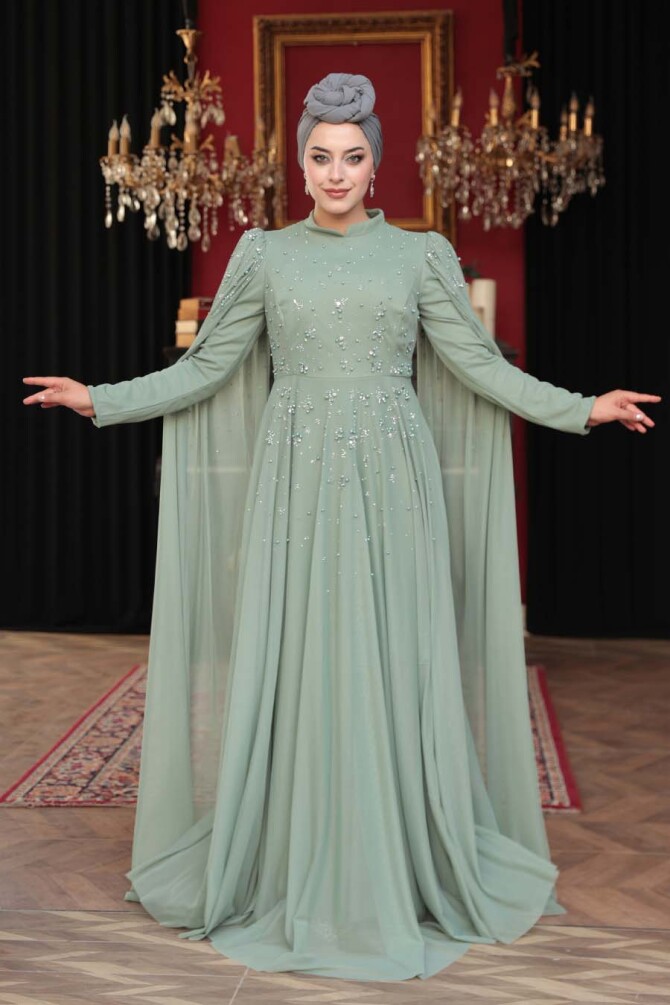 Tesettürlü Abiye Elbise - Boncuk Detaylı Pelerinli Mint Tesettür Abiye Elbise 53141MINT - N.S NEVA STYLE
