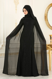 Tesettürlü Abiye Elbise - Boncuk Detaylı Pelerinli Siyah Tesettürlü Abiye Elbise 3281S - Thumbnail