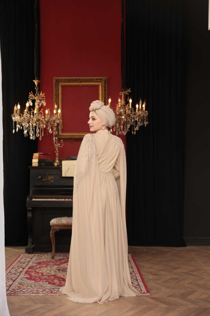 Tesettürlü Abiye Elbise - Boncuk Detaylı Pelerinli Vizon Tesettür Abiye Elbise 53141V - 5