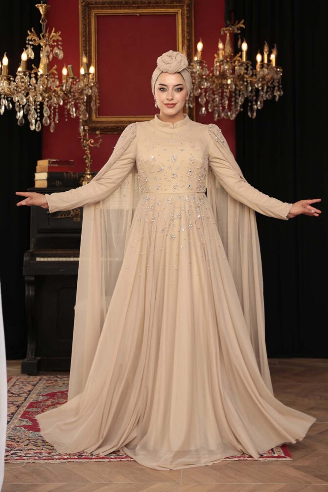 Tesettürlü Abiye Elbise - Boncuk Detaylı Pelerinli Vizon Tesettür Abiye Elbise 53141V - N.S NEVA STYLE