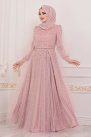 Tesettürlü Abiye Elbise - Boncuk Detaylı Pudra Tesettür Abiye Elbise 40601PD - Thumbnail