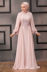 Tesettürlü Abiye Elbise - Boncuk Detaylı Pudra Tesettür Abiye Elbise 46230PD - Thumbnail