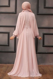 Tesettürlü Abiye Elbise - Boncuk Detaylı Pudra Tesettür Abiye Elbise 46230PD - Thumbnail
