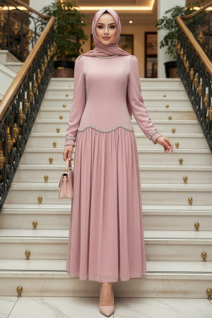 Tesettürlü Abiye Elbise - Boncuk Detaylı Pudra Tesettür Abiye Elbise 55212PD - N.S NEVA STYLE