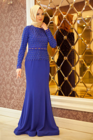 Tesettürlü Abiye Elbise - Boncuk Detaylı Sax Mavi Balık Elbise - Thumbnail