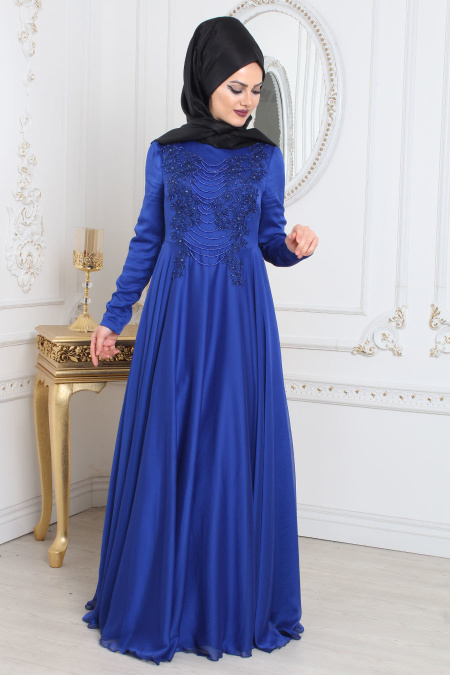 Tesettürlü Abiye Elbise - Boncuk Detaylı Saks Mavisi Tesettür Abiye Elbise 7954SX