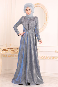 Tesettürlü Abiye Elbise - Boncuk Detaylı Sax Mavisi Tesettür Abiye Elbise 20670SX - Thumbnail