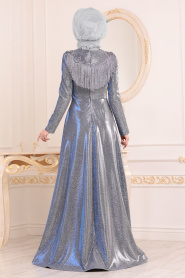 Tesettürlü Abiye Elbise - Boncuk Detaylı Sax Mavisi Tesettür Abiye Elbise 20670SX - Thumbnail