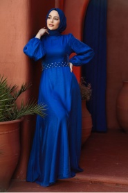 Tesettürlü Abiye Elbise - Boncuk Detaylı Sax Mavisi Tesettür Abiye Elbise 23301SX - Thumbnail