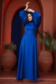 Tesettürlü Abiye Elbise - Boncuk Detaylı Sax Mavisi Tesettür Abiye Elbise 23301SX - Thumbnail