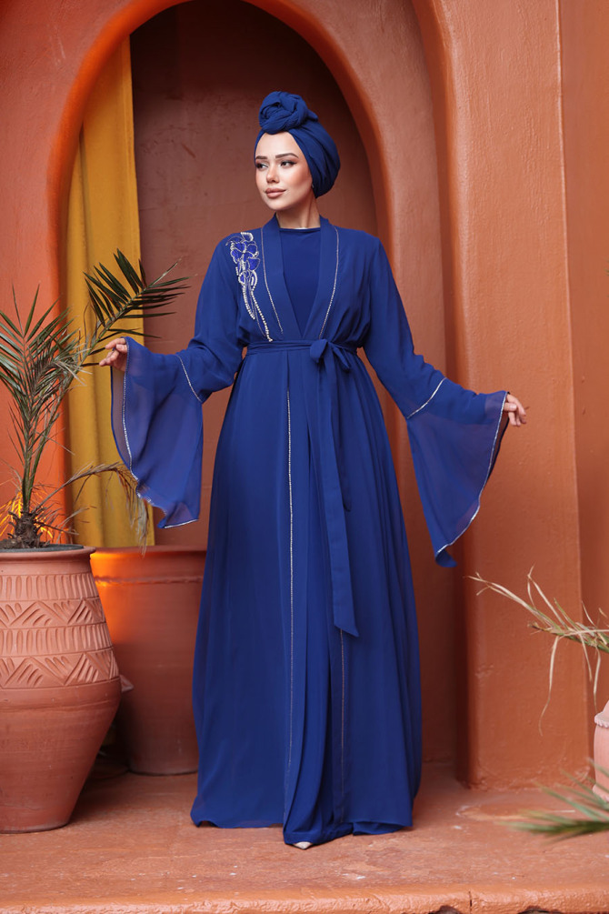 Tesettürlü Abiye Elbise - Boncuk Detaylı Sax Mavisi Tesettür Abiye Elbise 25905SX - 3