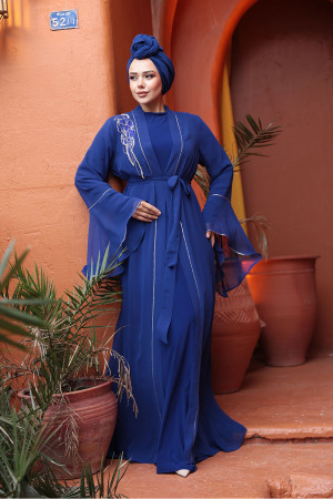 Tesettürlü Abiye Elbise - Boncuk Detaylı Sax Mavisi Tesettür Abiye Elbise 25905SX - 1