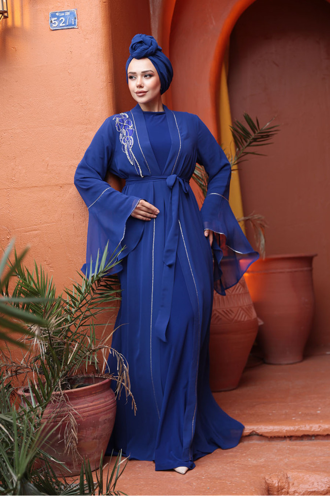 Tesettürlü Abiye Elbise - Boncuk Detaylı Sax Mavisi Tesettür Abiye Elbise 25905SX - 1